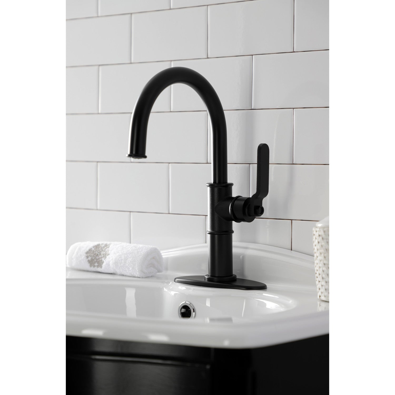 Kingston Sona KSD2230KL - Whitaker One-Handle 1-Hole Bathroom Faucet with Deck Plate and Push Pop-Up Drain, Matte Black — thumbnail 3